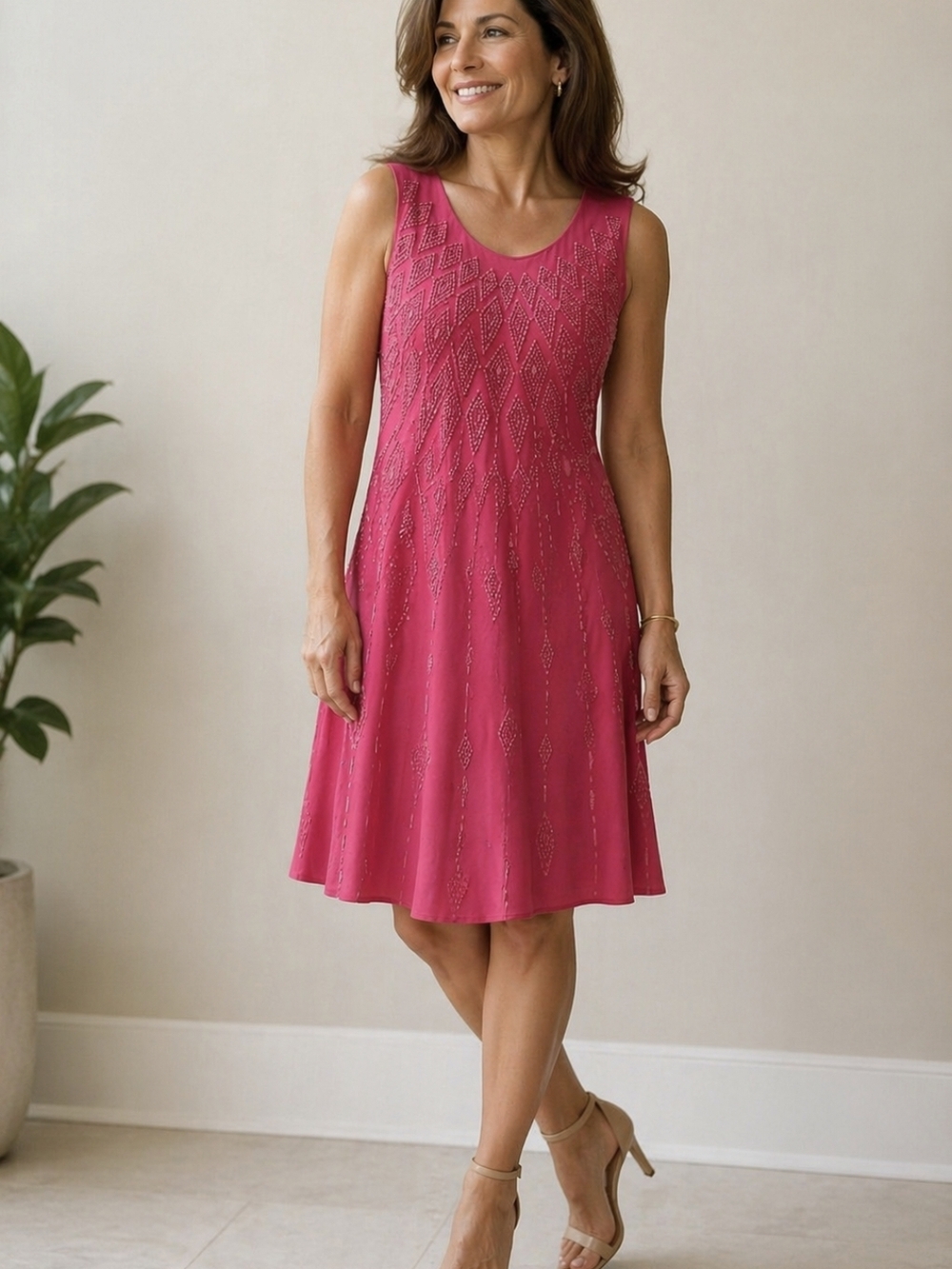 Sleeveless Embellished Fuchsia A-Line Beaded Dress - Picture 12 of 12